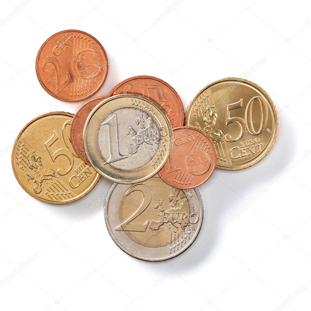 Euro coins isolated on white background closeup. Money concept. Top view, flat lay.