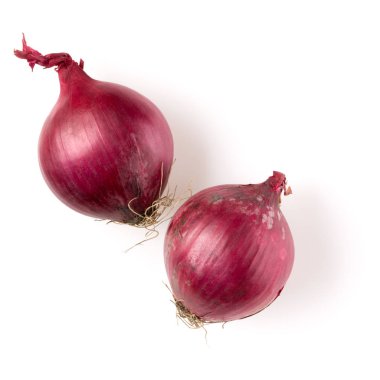 Beyaz arka plan kesme, üstten görünüm izole kırmızı soğan