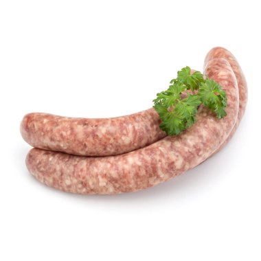 Beyaz arka plan üzerinde izole maydanoz yaprağı çiğ sosis