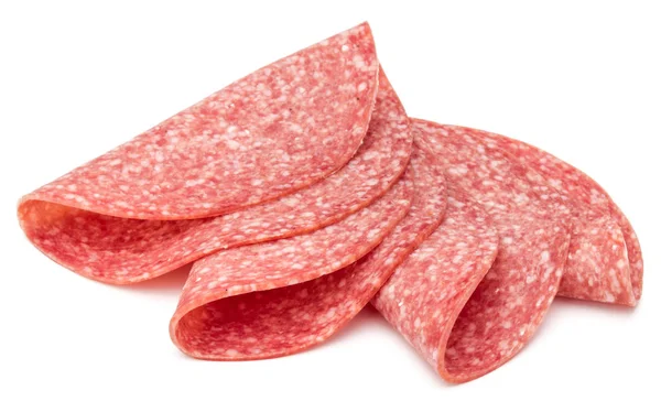 Salami tranches de saucisse fumée isolé sur fond blanc — Photo