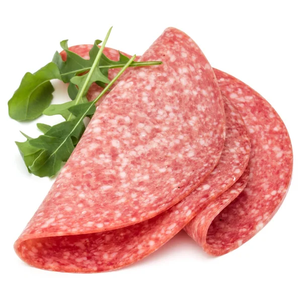 Salami smoked sausage slices isolated on white background — Stock Photo, Image