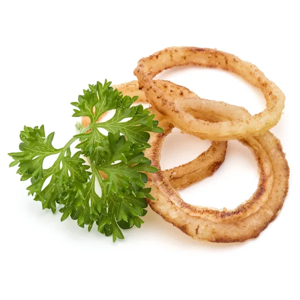 Deliciosos anillos de cebolla frita crujiente aislado en blanco — Foto de Stock