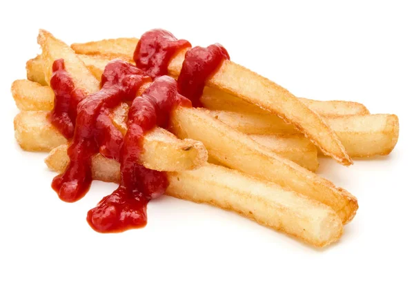 Batatas fritas francesas com ketchup isolado sobre fundo branco — Fotografia de Stock