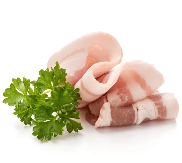 Sliced bacon and parsley leaves isolated on white background cu — Stock Image Sliced bacon and parsley leaves isolated on white background cu Stock Photo