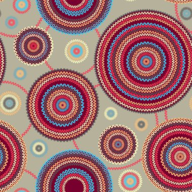 Soyut Kusursuz Etnik Biçim Çemberi Basit Renk Vektörü Needlework Arkaplanı, Süslü Yuvarlak Geometrik Örgü Örgü Deseni.