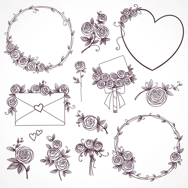 Ensemble d'éléments de design floral. Branche de fleurs, couronnes, cœur. Fleurs de roses. Mariage, anniversaire, Saint Valentin concept. — Image vectorielle