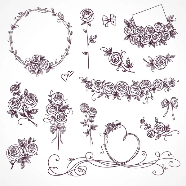 Σύνολο Στοιχείων Floral Design Λουλούδι Στεφάνια Καρδιά Τριαντάφυλλα Γαμήλια Γενέθλια — Διανυσματικό Αρχείο