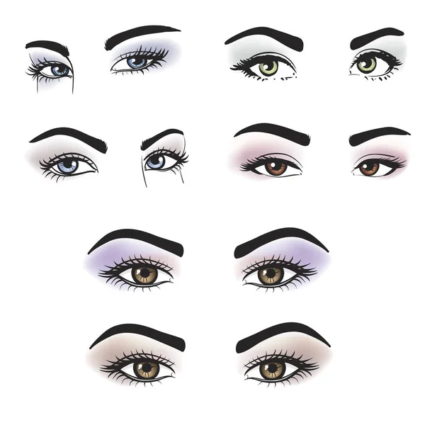 Kvinnliga ögon i olika färger med smink — Stock vektor