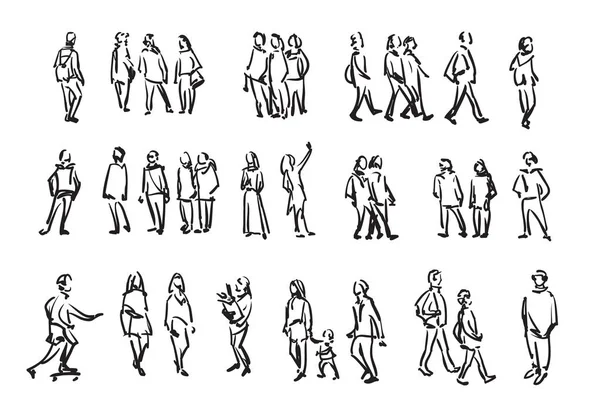 Personer skiss. Casual grupp människor silhuetter. Kontur hand ritning illustration. — Stock vektor