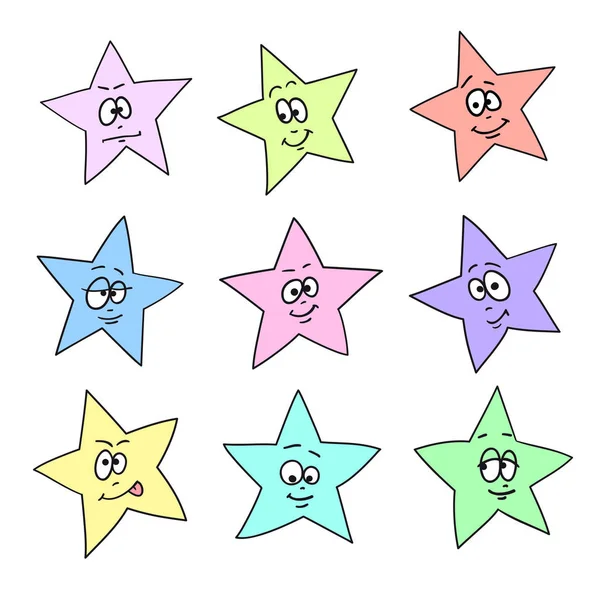 Caricatura Enfrenta Emociones Conjunto Estrellas Divertidas Festivas Color Diferentes Formas — Vector de stock