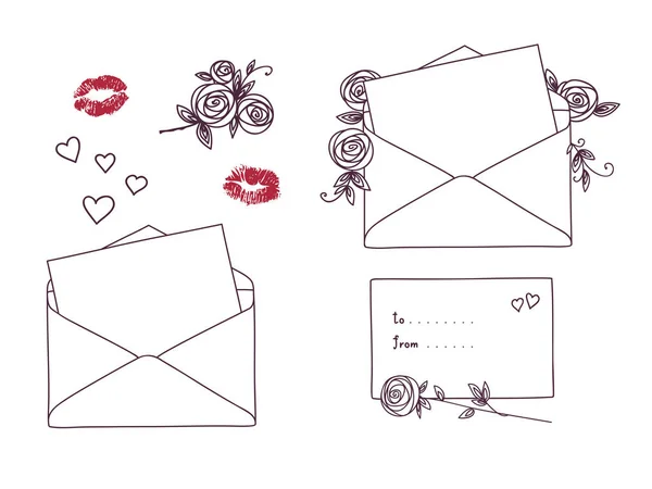 Open brief met kussen, rozen en harten. — Stockvector
