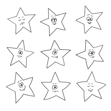 Çizgi film duygularla yüzleşir. Şenlikli eğlence yıldızları. Farklı el çizimleri yıldız şekilleri.