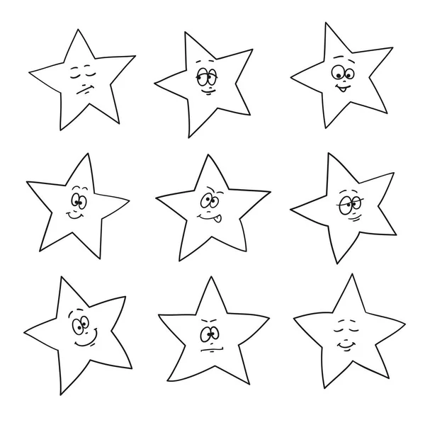 Il cartone animato affronta le emozioni. Serie di stelle di divertimento festive. Diverse forme a stella disegno a mano. — Vettoriale Stock