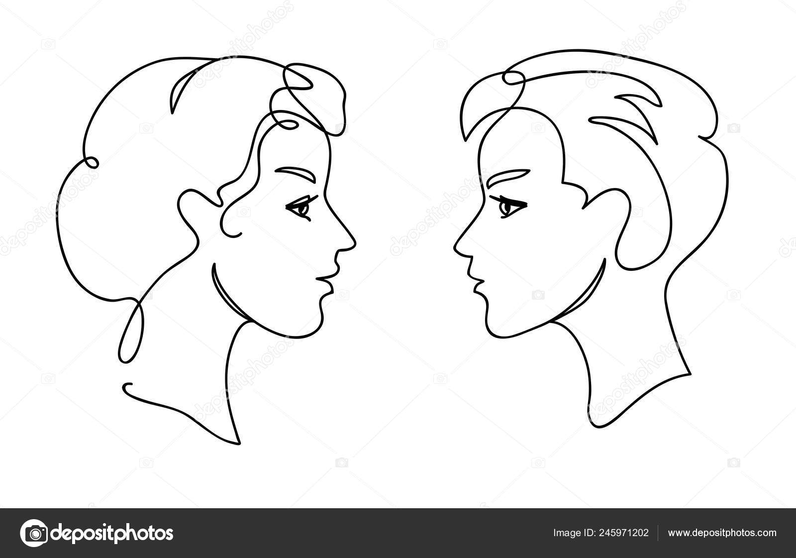 Couple teens communication concept. Young man and woman faces silhouettes.  Continuous one line drawing Stock Vector by ©prezent 245971202, image size:1600x1121
