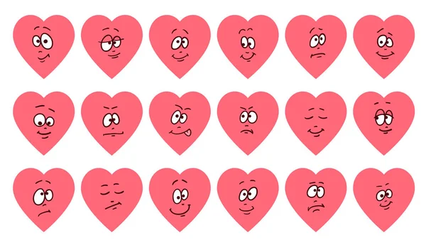 Conjunto de emoticons em forma de coração plano. Desenhos animados bonitos rostos emojies. Vetor romântico e ilustração dos namorados. corações com personagens diferentes. Amor ou símbolo helth. — Vetor de Stock