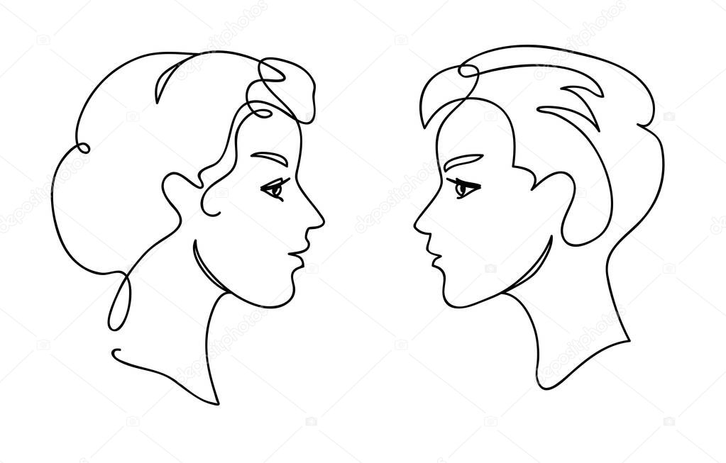 Couple teens communication concept. Young man and woman faces silhouettes. Continuous one line drawing