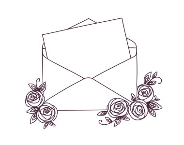Gül ile açık mektup. Postal tatil anahat Doodle grafik tasarım