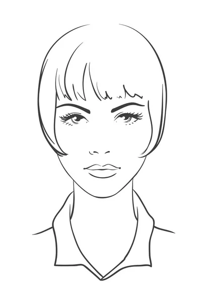 Retrato de mujer en la cara. Joven chica atractiva con un corte de pelo corto. Icono del esquema. Ilustración vectorial . — Vector de stock