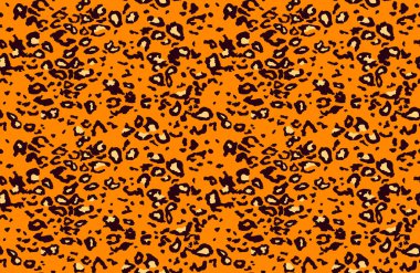Kusursuz leopar kürkü deseni. Modaya uygun vahşi leopar desenli arka plan. Modern panter hayvan dokusu tekstil baskısı tasarımı. Şık sarı kahverengi siyah renk vektör çizimi