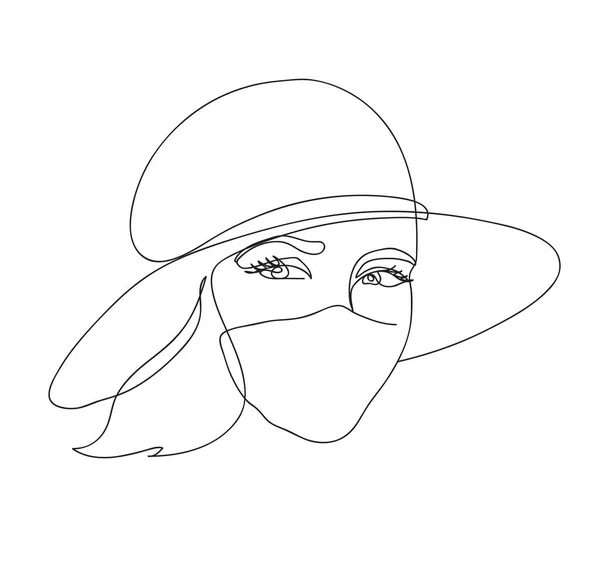 Abstract woman face.Young attractive girl in a mask and hat. Concept fashion summer 2020. Black and white hand drawn line art. Outline vector illustration — Stock Vector