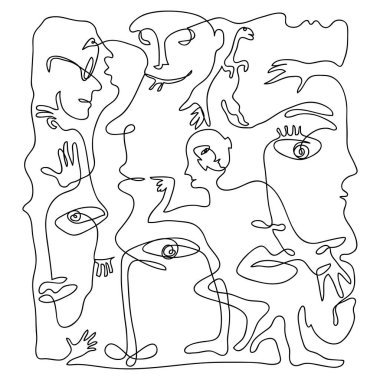 Devamlı el çizimi sanatı. Siyah-beyaz soyut kompozisyon, insan portosu ve vücut parçaları. Tekstil, kağıt, duvar baskısı sanatsal desen.