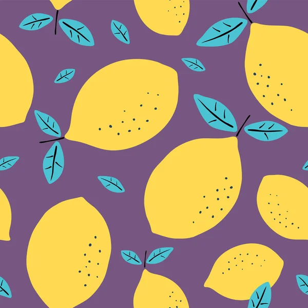 Nahtloses Muster Mit Zitronen Zitrusfrüchte Moderne Textur Auf Violettem Hintergrund — Stockvektor