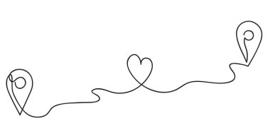 Kalp. Soyut aşk sembolü. İki sevecen insan arasındaki trafik rotası. Yer belirleme işaretleri ve seyahat planı kalp sembolü ile birlikte. Aralıksız çizim sanatı vektör illüstrasyonu