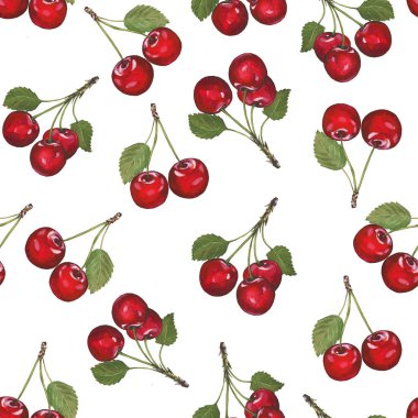 Suluboya yaz baskı çizilmiş. Kumaş tasarımı, tekstil deseni. Ambalaj kağıdı, hediye paketleme. Kırmızı kiraz, suluboya, kiraz dalı. Kare Desen.