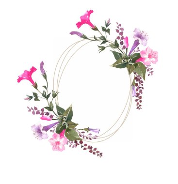 Suluboya botanik çelenk. Bahar çiçekli altın çerçeve. Suluboya botanik çelenk. Illüstrasyon. Düğün davetiyesi. Tebrik kartı. Bahar çiçekleri. Parlak pembe, mavi renkler. Petunya