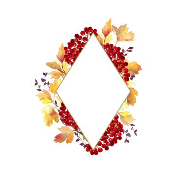 Suluboya botanik illüstrasyon. Sonbahar yaprakları, parlak turuncu yapraklar. Düğün davetiyesi. Tebrik kartı. Düğün süsleri. Altın çerçeve, kompozisyon. Sonbahar yaprakları, hasat. Sonbahar tatilleri. Düğün tasarımı için şablon. Mutlu Helloween.