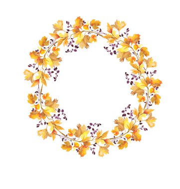 Suluboya botanik illüstrasyon. Sonbahar yaprakları, parlak turuncu yapraklar. Düğün davetiyesi. Tebrik kartı. Düğün süsleri. Altın çerçeve, kompozisyon. Sonbahar yaprakları, hasat. Sonbahar tatilleri. Düğün tasarımı için şablon. Mutlu Helloween.
