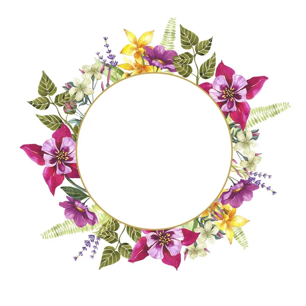 水彩花の丸いフレーム 春の花 結婚式の招待状 グリーティングカード 高解像度 イラスト 丸い金枠 — ストック写真