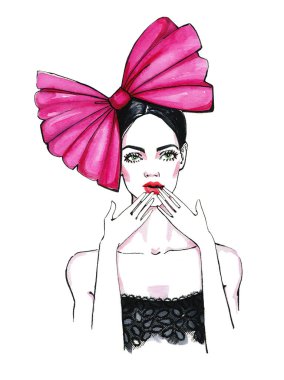 Moda illüstrasyon. Pembe yayı olan bir kız. Siyah dantelli. Kartpostal, selamlama, reklam. Suluboya moda illüstrasyon. Sevgililer günü, doğum günü için tebrik kartı. Bir güzellik salonu, makyaj, hediyeler, satış, alışveriş için Reklam.