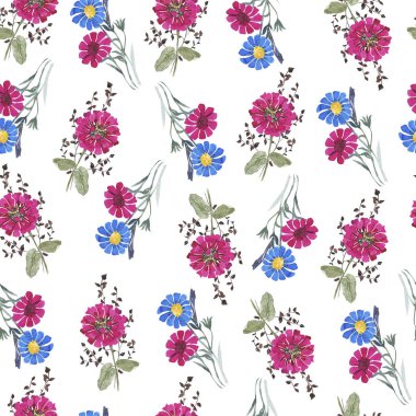 Parlak pembe bahar çiçekleri suluboya botanik desen. Kusursuz desen. Tekstil tasarımı. Hediye paketi. Pembe çiçekler, beyaz arka plan, bahar baskısı. Şablon.