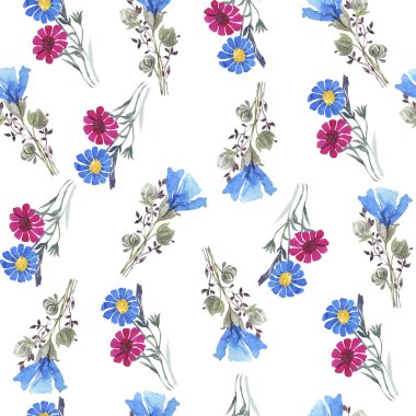 Parlak pembe bahar çiçekleri suluboya botanik desen. Kusursuz desen. Tekstil tasarımı. Hediye paketi. Pembe çiçekler, beyaz arka plan, bahar baskısı. Şablon.