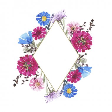 Suluboya botanik yuvarlak çerçeve. Yabani bahar çiçekleri. Çok renkli parlak buket. Pembe gerberalar, mavi mısır çiçekleri, otlar. Düğün davetiyesi, tebrik kartı.