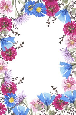 Suluboya botanik yuvarlak çerçeve. Yabani bahar çiçekleri. Çok renkli parlak buket. Pembe gerberalar, mavi mısır çiçekleri, otlar. Düğün davetiyesi, tebrik kartı.