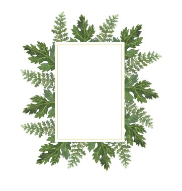 Suluboya botanik çerçeve. Düğün davetiyesi şablonu. İhale bahar çiçekleri, yeşillikler, dallar. Tebrik kartı. Altın çerçeve. Bahar buketi, bahçe yeşillikleri. Rustik düğün.