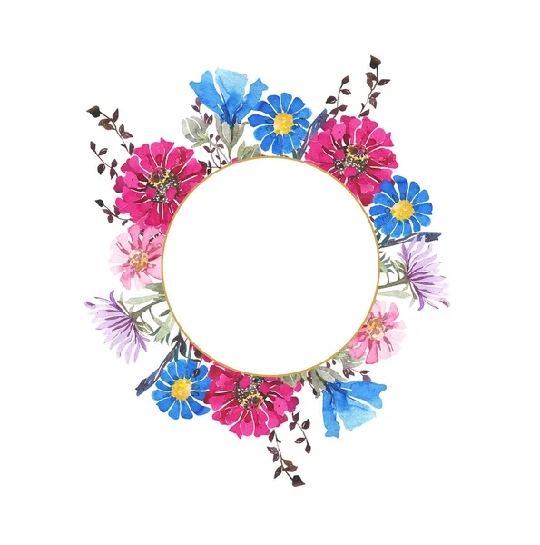 水彩画の植物丸枠 野生の春の花多色の明るい花束 ピンクのガーベラ 青いトウモロコシの花 ハーブ 結婚式の招待状 グリーティングカード — ストック写真