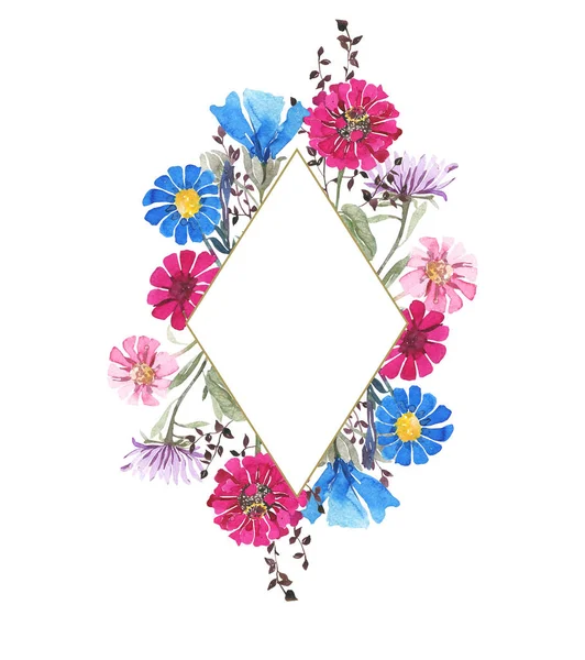 水彩植物圆框架 野生春天的花朵 五颜六色的鲜艳的花束 粉红色的格贝拉 蓝色的玉米花 婚礼邀请函 — 图库照片