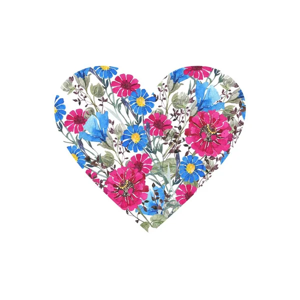 水彩画の植物 花のハート 明るい野生の花 ハートの形をした花の花束 グリーティング カード 春の結婚式のインビ — ストック写真