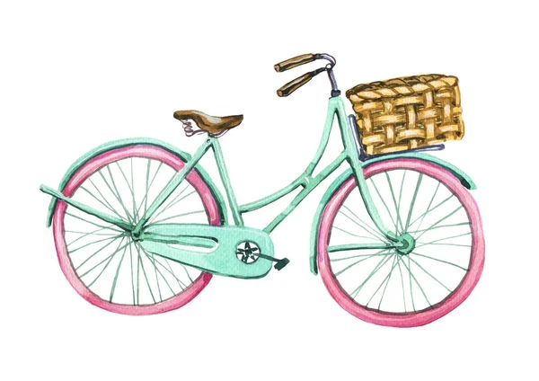 Watercolor bike. Element of greeting card. Tiffany color bicycle. Spring, travel, helth lifestyle. Female retro bike. Watercolor illustration.