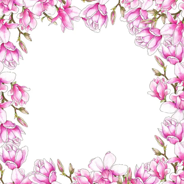 Vodní Barva Botanická Ilustrace Jemné Magnolias Svatební Pozvání Přání Sada — Stock fotografie