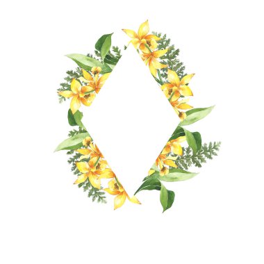 Suluboya botanik çiçek çerçeve. Sarı parlak zambaklar. Düğün davetiyesi. Yaz, bahar tasarımı, hediye kartı. Düğün tasarımı için ayarlayın. İsim kartı. Logo. Çiçek çerçeveleri.