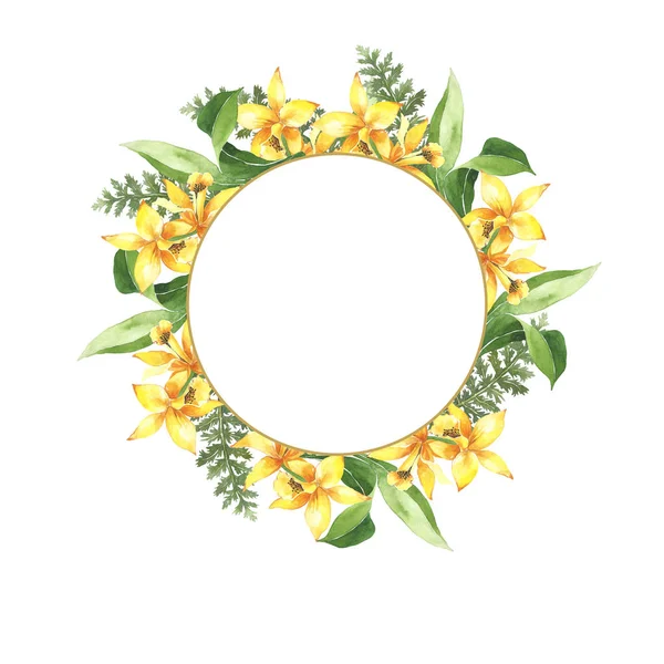 Akvarell Botanisk Blom Ram Gula Ljusa Liljor Bröllop Inbjudan Sommar — Stockfoto
