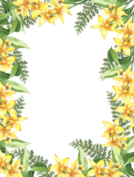 Watercolor botanical floral frame. Yellow bright lilies. Wedding invitation. Summer, spring design, gift card. Set for wedding design. Name card. Logo. Floral frames.