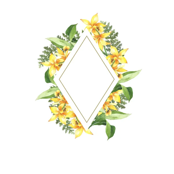 水彩植物の花のフレーム 黄色の明るいユリ 結婚式の招待状夏 春のデザイン ギフトカード 結婚式のデザインのために設定します 名刺だロゴ 花のフレーム — ストック写真