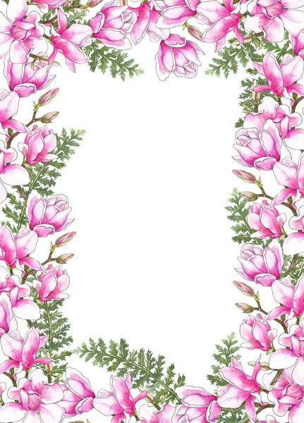 Akwarela Ilustracja Botaniczna Różowe Magnolie Zaproszenie Ślubne Karta Życzeniami Zestaw — Zdjęcie stockowe