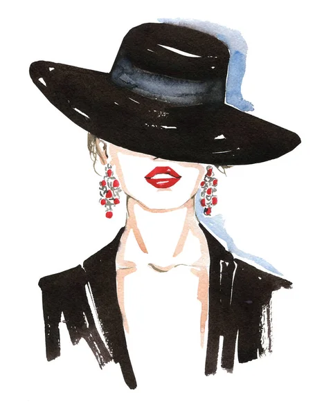 Watercolor fashion illustration of a woman in a hat. Fashion portrait of a stylish lady. Bright Lipstick Makeup. Stylish young woman. Watercolor fashion illustration. Poster for advertising cosmetics, beauty salon, for luxury stores.