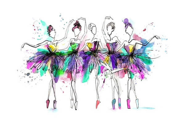 Akvarell Sziluettek Ballerinas Fényes Spray Tánc Prima Balerina Fényes Foltok — Stock Fotó